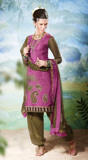 Лилово-болотный шёлковый наряд для индийского танца — лиловая туника с рукавами три четверти и болотные брюки