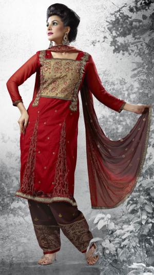 Ярко-красное платье / туника из дизайнерского материала с полупрозрачными рукавами три четверти + летние бордовые брюки