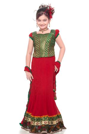Национальный индийский костюм для девочки цвета кардинал и цвета зелёного папоротника