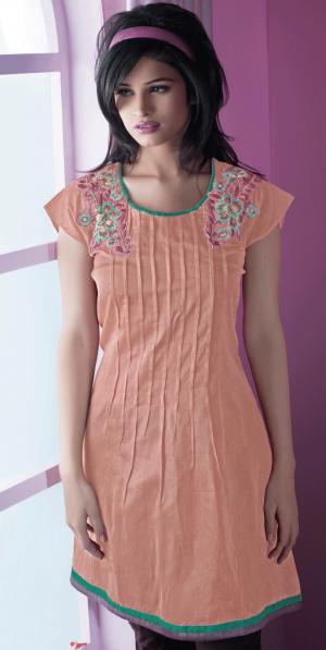 Персиковое платье / туника из хлопка и шёлка с короткими рукавами