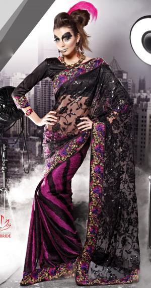Чёрно-фиолетовый шёлковый наряд для индийского танца живота — чёрное полупрозрачное сари, чёрная блузка с рукавами три четверти и фиолетово-чёрная юбка